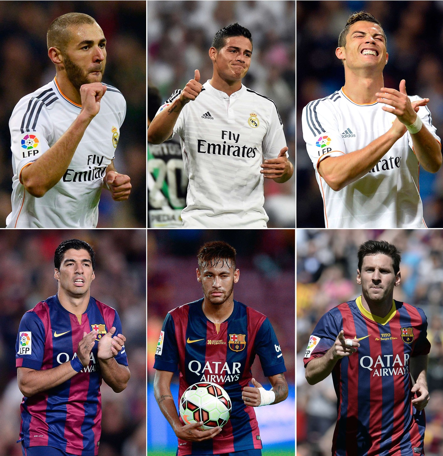 Im Uhrzeigersinn (von oben links): Karim Benzema, James Rodriguez, Cristiano Ronaldo, Luis Suarez, Neymar, Lionel Messi.