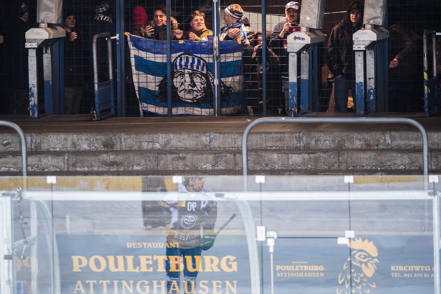 Ambri&#039;s fans outsite of ice stadium Valascia, during the preliminary round game of National League A (NLA) Swiss Championship 2019/20 between HC Ambri Piotta and HC Davos at the ice stadium Valas ...