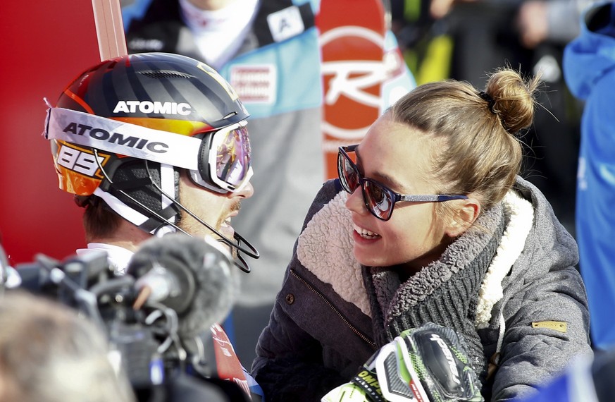 Austria&#039;s Marcel Hirscher talks with his Girlfriend Laura Moisl after completing an alpine ski, men&#039;s World Cup slalom, in Val d&#039;Isere, France, Sunday, Dec. 11, 2016. (AP Photo/Giovanni ...
