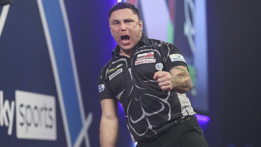 William Hill World Darts Championship Quarter Finals 01/01/2021. Gerwyn Price hits a double and celebrates during the William Hill World Darts Championship quarter finals at Alexandra Palace, London,  ...