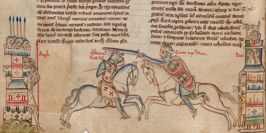 Ironside battles Canute, this illustrates the actual history the play is based on. From the Chronica Majora of Matthew Paris, in the Parker Library, Cambridge.
https://en.wikipedia.org/wiki/Edmund_Iro ...