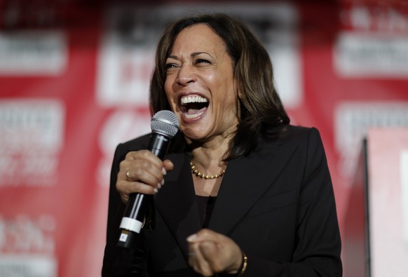 FILE - In this Nov. 8, 2019, file photo, then-Democratic presidential candidate Sen. Kamala Harris, D-Calif., reacts as she speaks at a town hall event at the Culinary Workers Union in Las Vegas. Demo ...