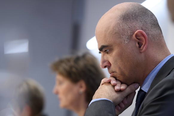 epa08298577 Swiss Federal councillor Alain Berset briefs the media about the latest measures to fight the Covid-19 Coronavirus pandemic, in Bern, Switzerland, 16 March 2020. Several European countries ...