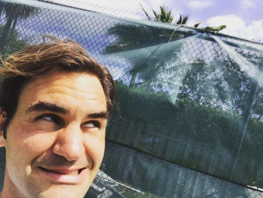 Das jüngste Selfie, das er postete: Federer in Miami mit einem Leguan auf dem Zaun. Bislang gab's dafür 210'000 Likes.