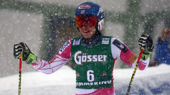 United States&#039;s Mikaela Shiffrin celebrates after completing the second run of an alpine ski, women&#039;s World Cup Giant Slalom, in Semmering, Austria, Wednesday, Dec. 28, 2016. (AP Photo/Giova ...
