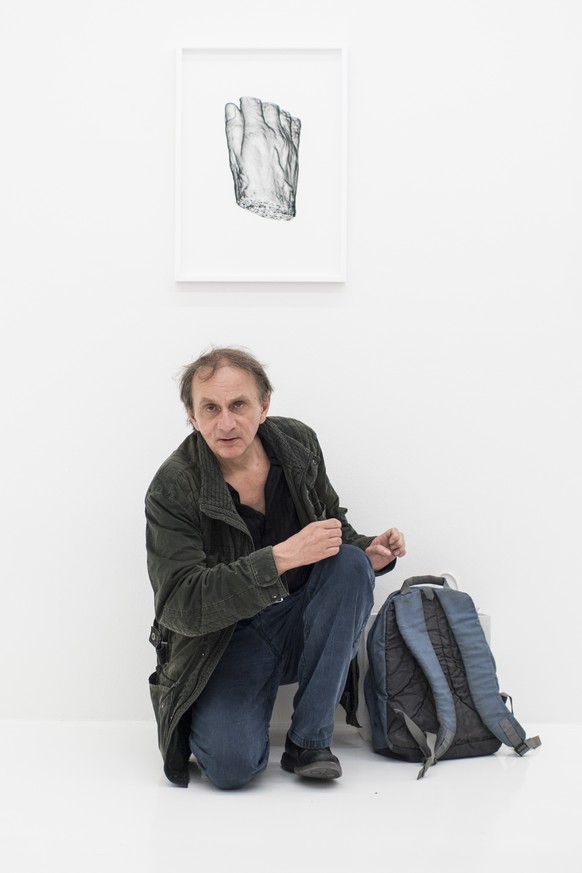 French Artist Michel Houellebecq watches his artwork &quot;Matiere from the series Michel Houellebecq OK?&quot;, at the Helmhaus during the press and preview day of the european biennale of contempora ...