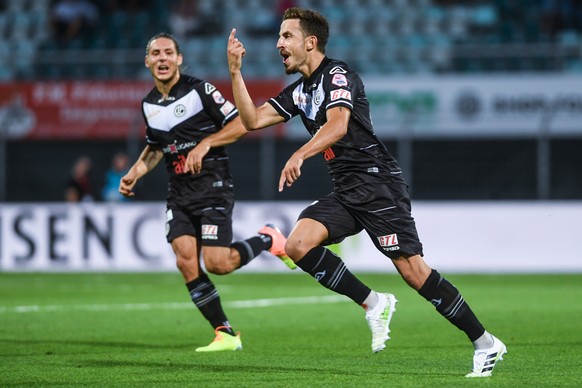 Lugano&#039;s player Olivier Custodio celebrates the 1-0 goal, during the Super League soccer match FC Lugano against FC Zurich, at the Cornaredo Stadium in Lugano, Wednesday, July 22, 2020. (Keystone ...