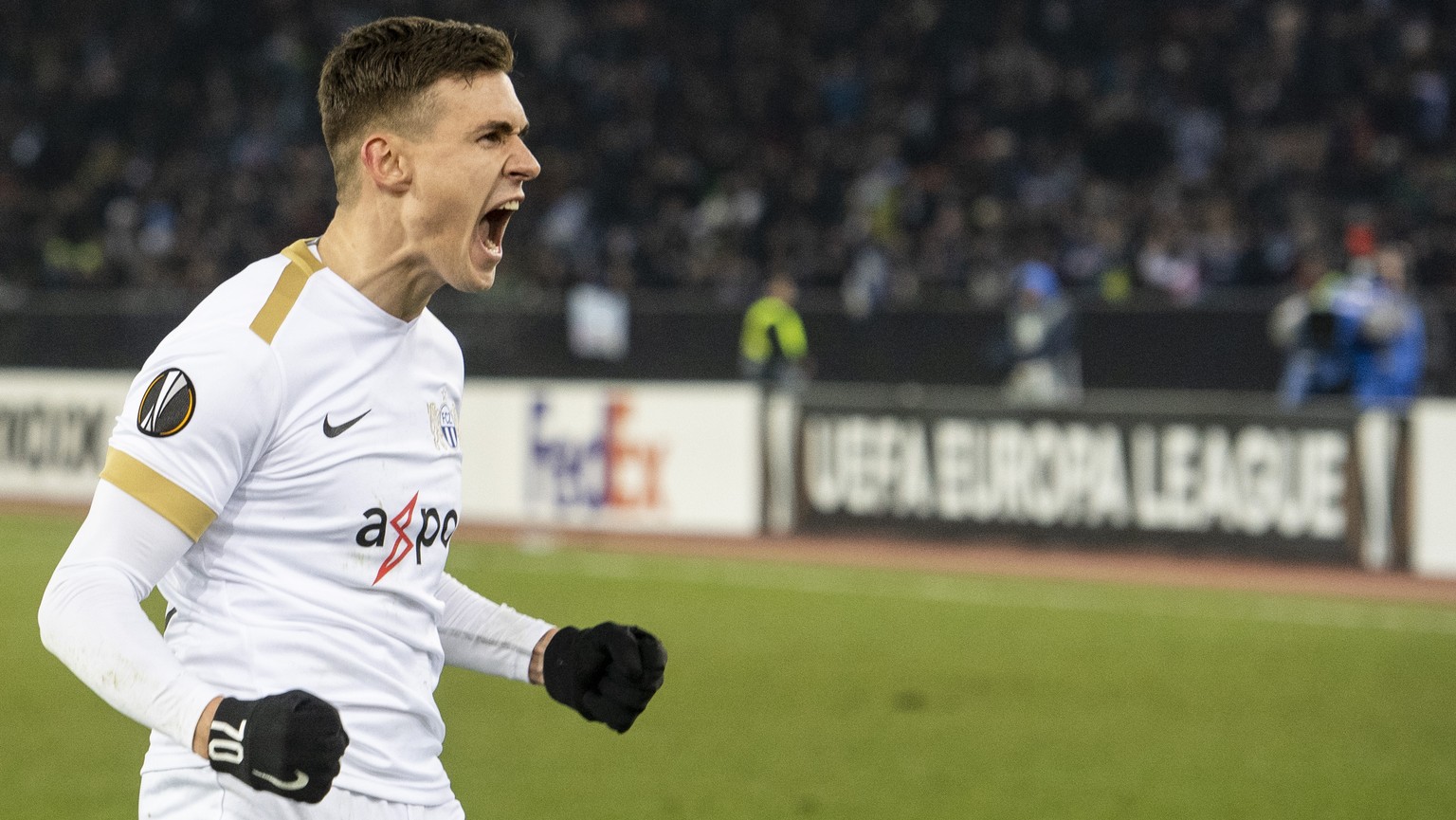 Zurich&#039;s Benjamin Kololli celebrates his 1:3 goal during the UEFA Europa League group stage soccer match between Switzerland&#039;s FC Zurich and Italian&#039;s SSC Neapel at the Letzigrund stadi ...