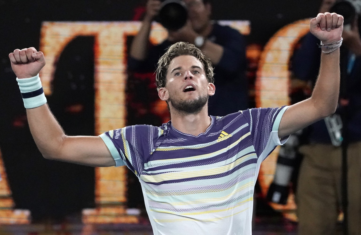 Austria&#039;s Dominic Thiem celebrates after defeating Germany&#039;s Alexander Zverev in their semifinal match at the Australian Open tennis championship in Melbourne, Australia, Friday, Jan. 31, 20 ...
