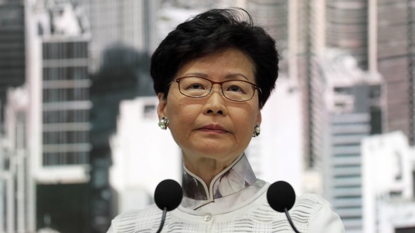 Hong Kong&#039;s Chief Executive Carrie Lam speaks at a press conference, Saturday, June 15, 2019, in Hong Kong. Lam said she will suspend a proposed extradition bill indefinitely in response to wides ...