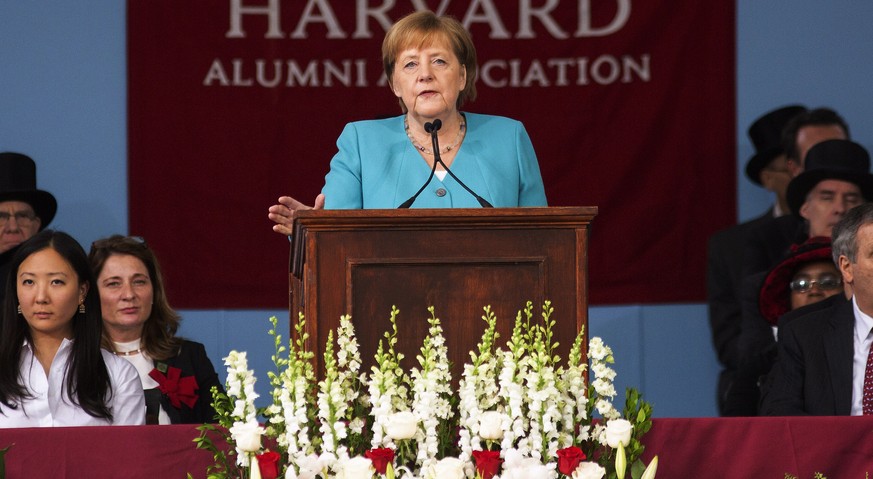 epa07613450 German Chancellor Angela Merkel addresses the Harvard Alumni and the Class of 2019 during her commencement speech at the 368th commencement of Harvard University in Cambridge, Massachusett ...