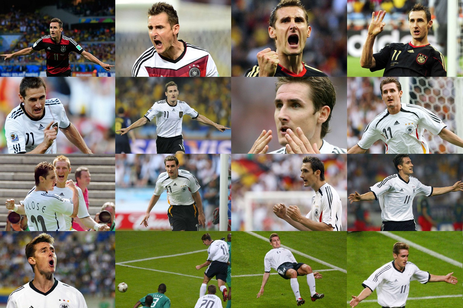 16 WM-Tore, 16 Mal Jubel: Miroslav Klose ist neu alleiniger WM-Torschützenkönig. Unten rechts sein erster Treffer 2002, oben links sein bislang letzter.