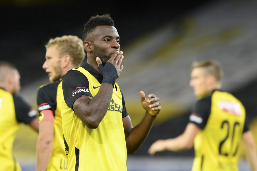 Young Boys&#039; Jean-Pierre Nsame celebrates his goal after scoring (1-0), during a UEFA Champions League second round qualification soccer match between Switzerland&#039;s BSC Young Boys and Faeroee ...