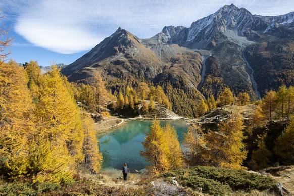 The &quot;Blue Lake&quot;, &quot;Lac Bleu&quot; in French, (2090m above the sea level) surrounded by larch trees is pictured during a beautiful autumn day, near Arolla, in Valais, Switzerland, this Su ...