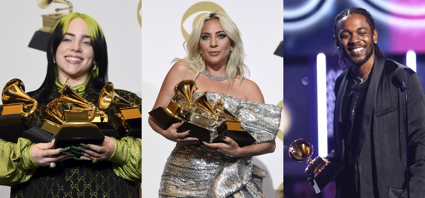 This combination photo shows, Billie Eilish holding her awards at the 62nd annual Grammy Awards on Jan. 26, 2020, from left, Lady Gaga holding her awards at the 61st annual Grammy Awards on Feb. 10, 2 ...