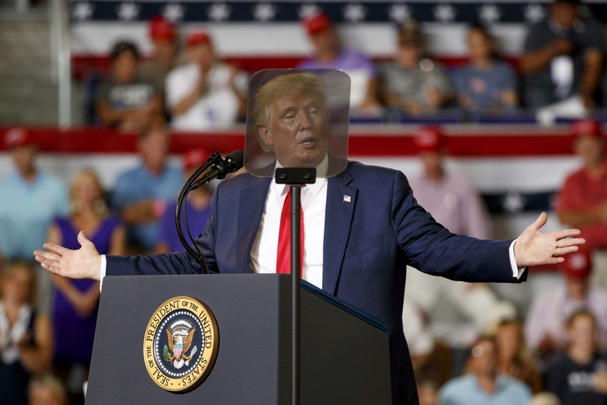 President Donald Trump is seen though a teleprompter as he speaks at a campaign rally at Williams Arena in Greenville, N.C., Wednesday, July 17, 2019. (AP Photo/Carolyn Kaster)
Donald Trump