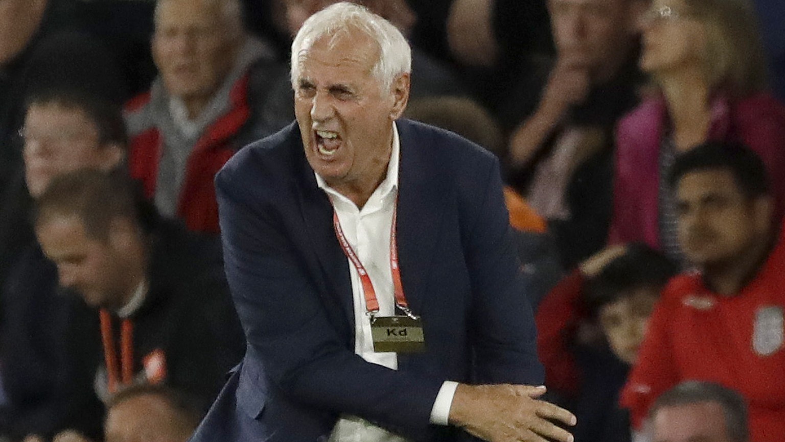 Kosovo coach Bernard Challandes reacts after his team scored during the Euro 2020 group A qualifying soccer match between England and Kosovo at St Mary&#039;s Stadium in Southampton, England, Tuesday, ...