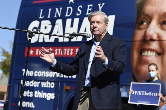 U.S. Sen. Lindsey Graham speaks at a get-out-the vote rally on Saturday, Oct. 17, 2020, in Columbia, S.C. (AP Photo/Meg Kinnard)
Lindsey Graham