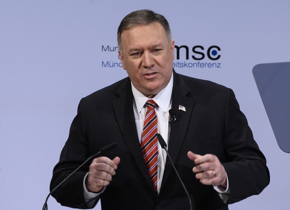U.S. Secretary of State Mike Pompeo addresses the audience during the 56th Munich Security Conference (MSC) in Munich, southern Germany, Saturday, Feb. 15, 2020. (Andrew Caballero-Reynolds/Pool Photo  ...
