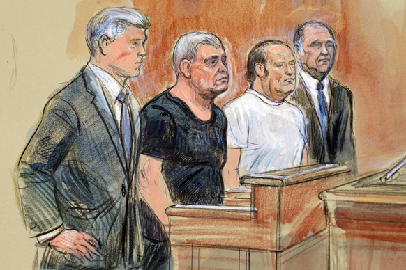 This courtroom sketch depicts from left, attorney Kevin Downing, Lev Parnas, Igor Fruman, and attorney Thomas Zehnle standing before U.S. Judge Michael Nachmanoff, at federal courthouse in Alexandria, ...