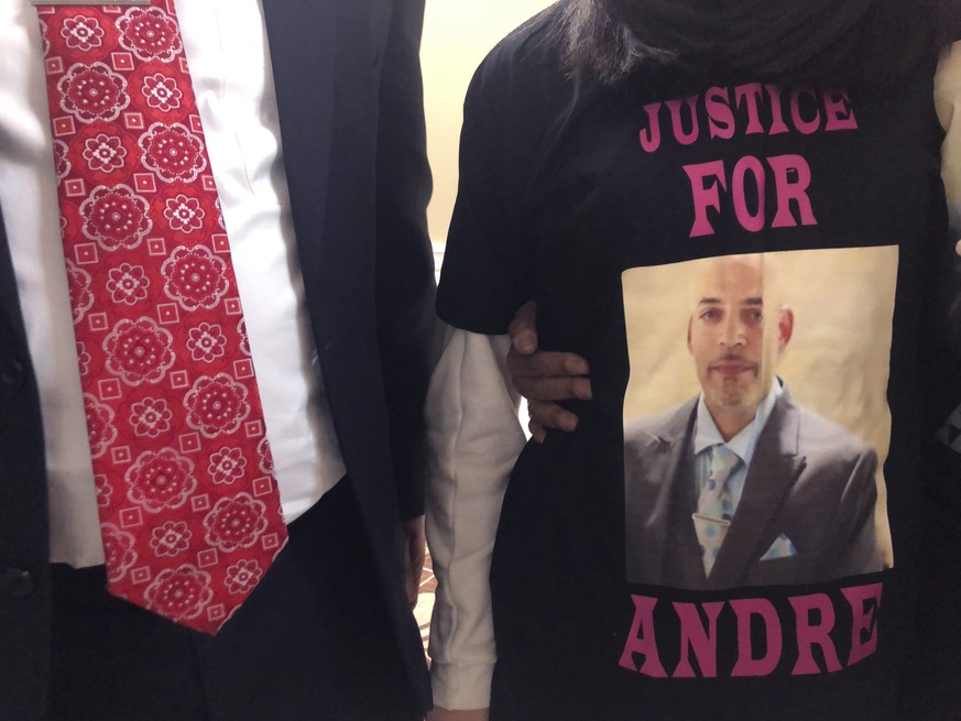 FILE - Andre Hill, fatally shot by Columbus police on Dec. 22, is memorialized on a shirt worn by his daughter, Karissa Hill, on Thursday, Dec. 31, 2020, in Columbus, Ohio. A white Ohio police officer ...