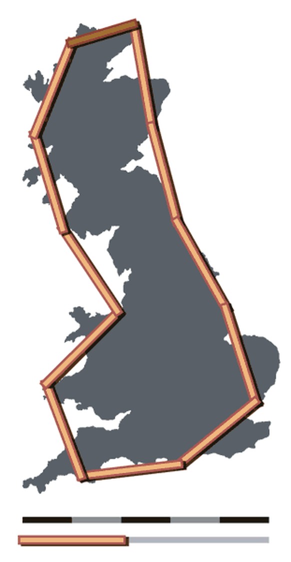 Messung der britischen Küste mit 200-km-Abschnitten