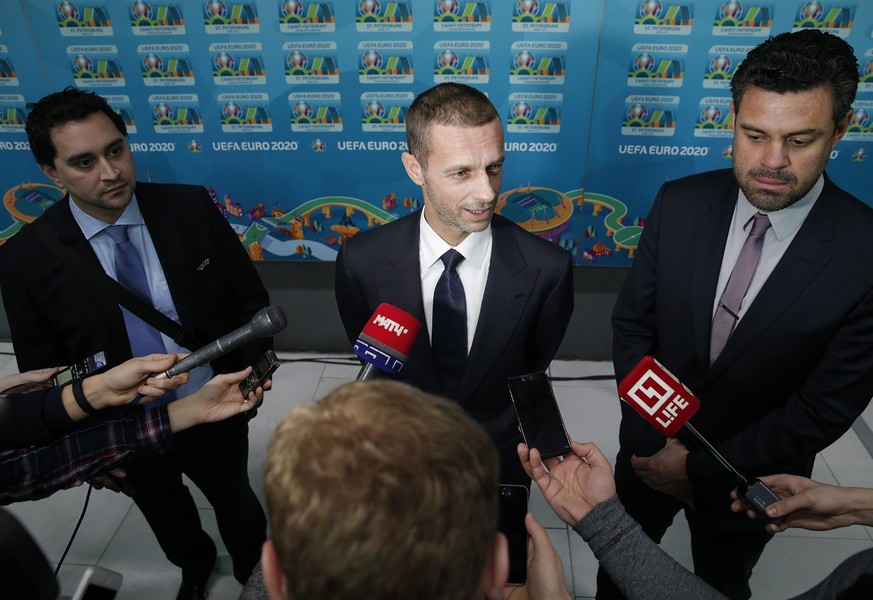 epa05730412 UEFA President Aleksander Ceferin speaks to media after the presentation of the UEFA EURO 2020 logo in St. Petersburg, Russia, 19 January 2017. Thirteen countries are due to host games of  ...