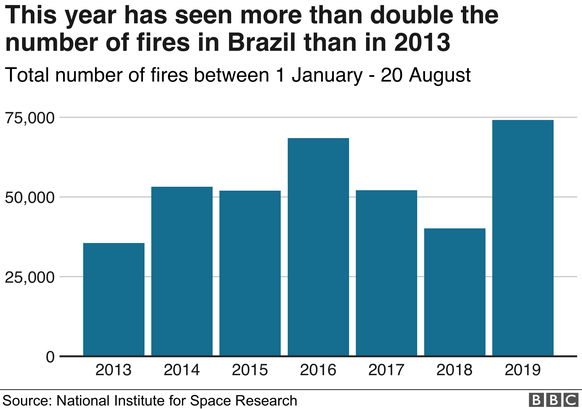 Grafik BBC: Anzahl der Waldbrände in Brasilien 2013-2019
https://www.bbc.com/news/world-latin-america-49415973