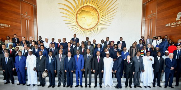 epa07358387 African leaders and heads of states pose for a group photo during the 32nd African Union Summit in Addis Ababa, Ethiopia, 10 February 2019. African heads of state and business leaders are  ...