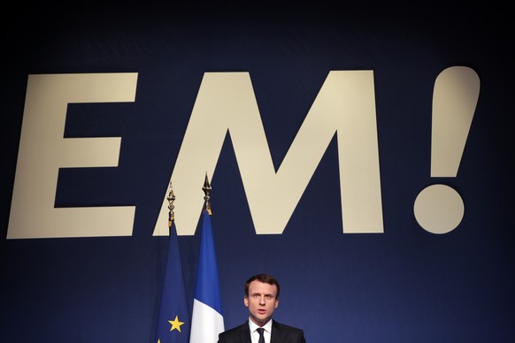 Independent centrist presidential candidate Emmanuel Macron addresses the media during a press conference held in Paris, Thursday, March 2, 2017. The letters E.M. are both the initials of his name and ...