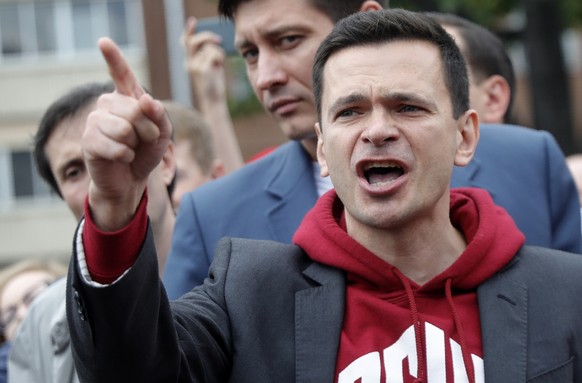 FILE In this file photo taken on Sunday, July 14, 2019, Russian opposition candidate Russian and activist Ilya Yashin gestures while speaking to a crowd during a protest in Moscow, Russia. A prominent ...