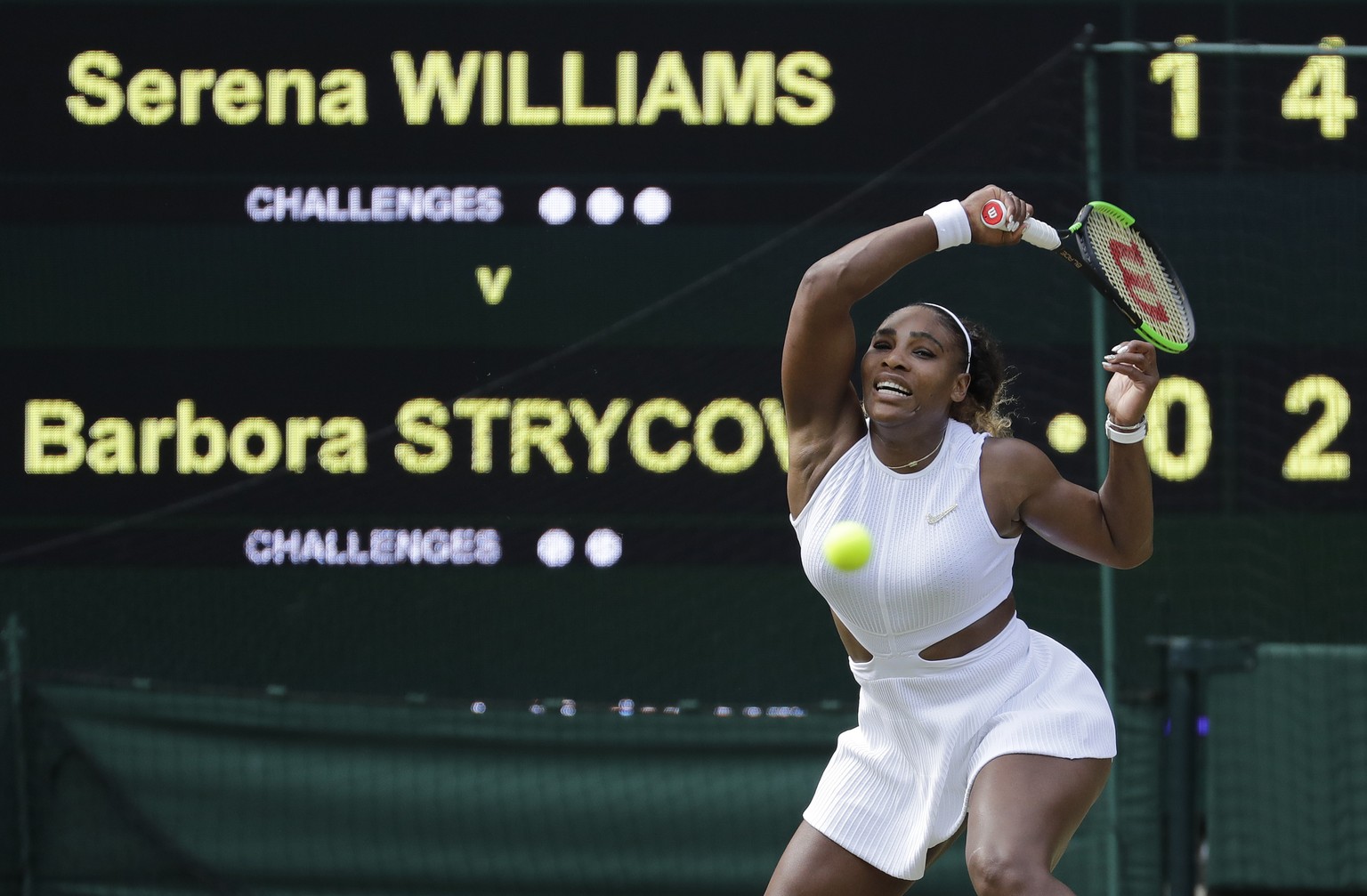 United States&#039; Serena Williams returns to Czech Republic&#039;s Barbora Strycova in a Women&#039;s semifinal singles match on day ten of the Wimbledon Tennis Championships in London, Thursday, Ju ...