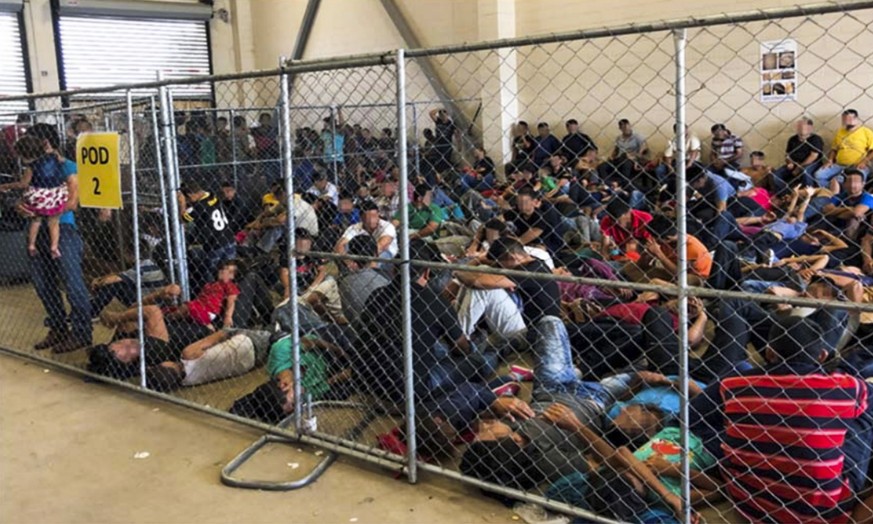 epa07690958 A handout photo made available by the Office of the Inspector General made available on 02 July 2019 shows overcrowded conditions at the US Border Patrol&#039;s McAllen holding station in  ...
