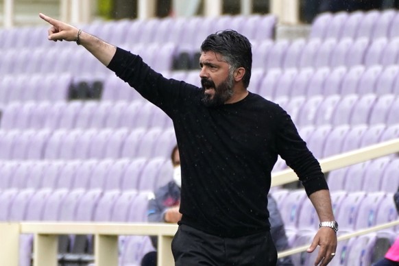 Napoli coach Gennaro Gattuso gestures during the Italian Serie A soccer match between Fiorentina and Napoli at the Artemio Franchi stadium in Florence, Italy, Sunday, May 16, 2021. (Marco Bucco/LaPres ...