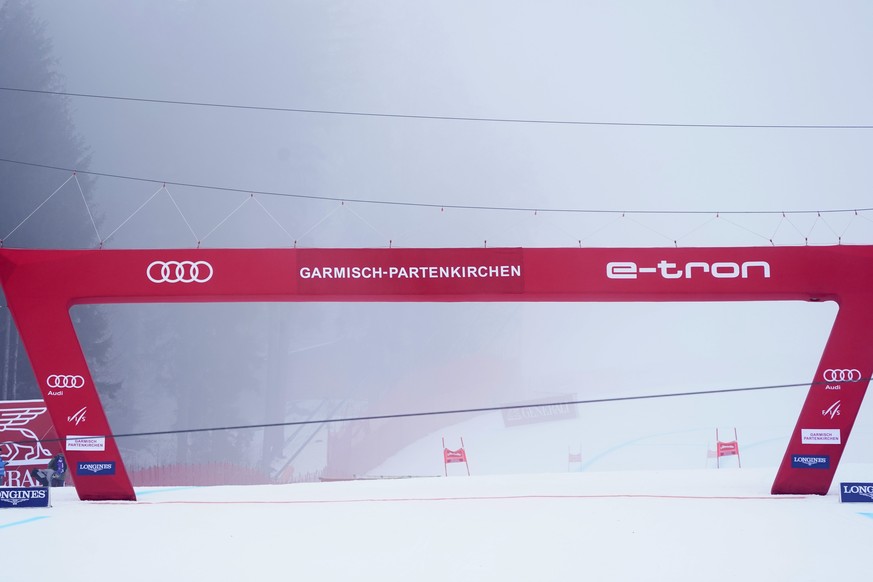 A view of the finish, as an alpine ski, women&#039;s World Cup super-G race was postponed because of fog, in Garmisch-Partenkirchen, Germany, Sunday, Jan. 31, 2021. (AP Photo/Giovanni Auletta)