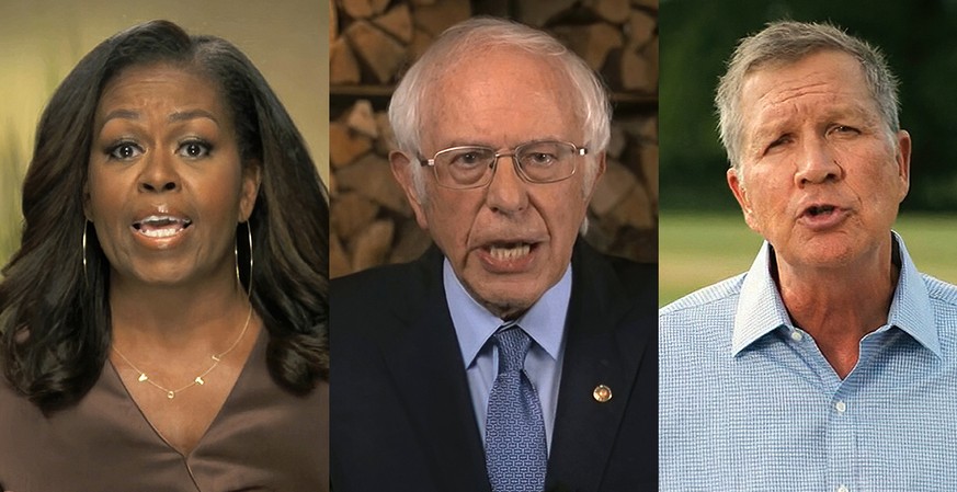 In this combination image from video, former first lady Michelle Obama, Sen. Bernie Sanders, I-Vt., and former Republican Ohio Gov. John Kasich speak during the first night of the Democratic National  ...