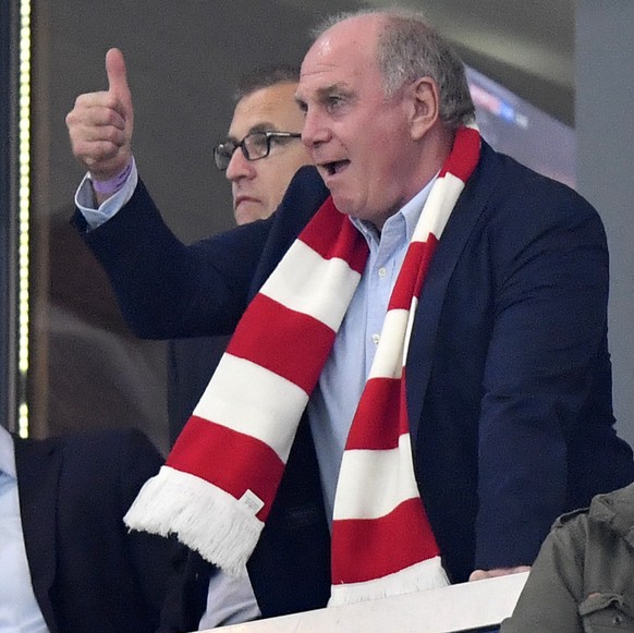 Bayern president Uli Hoeness shows thumb up to supporters during the German Bundesliga soccer match between FC Schalke 04 and Bayern Munich in Gelsenkirchen, Germany, Saturday, Sept. 22, 2018. (AP Pho ...