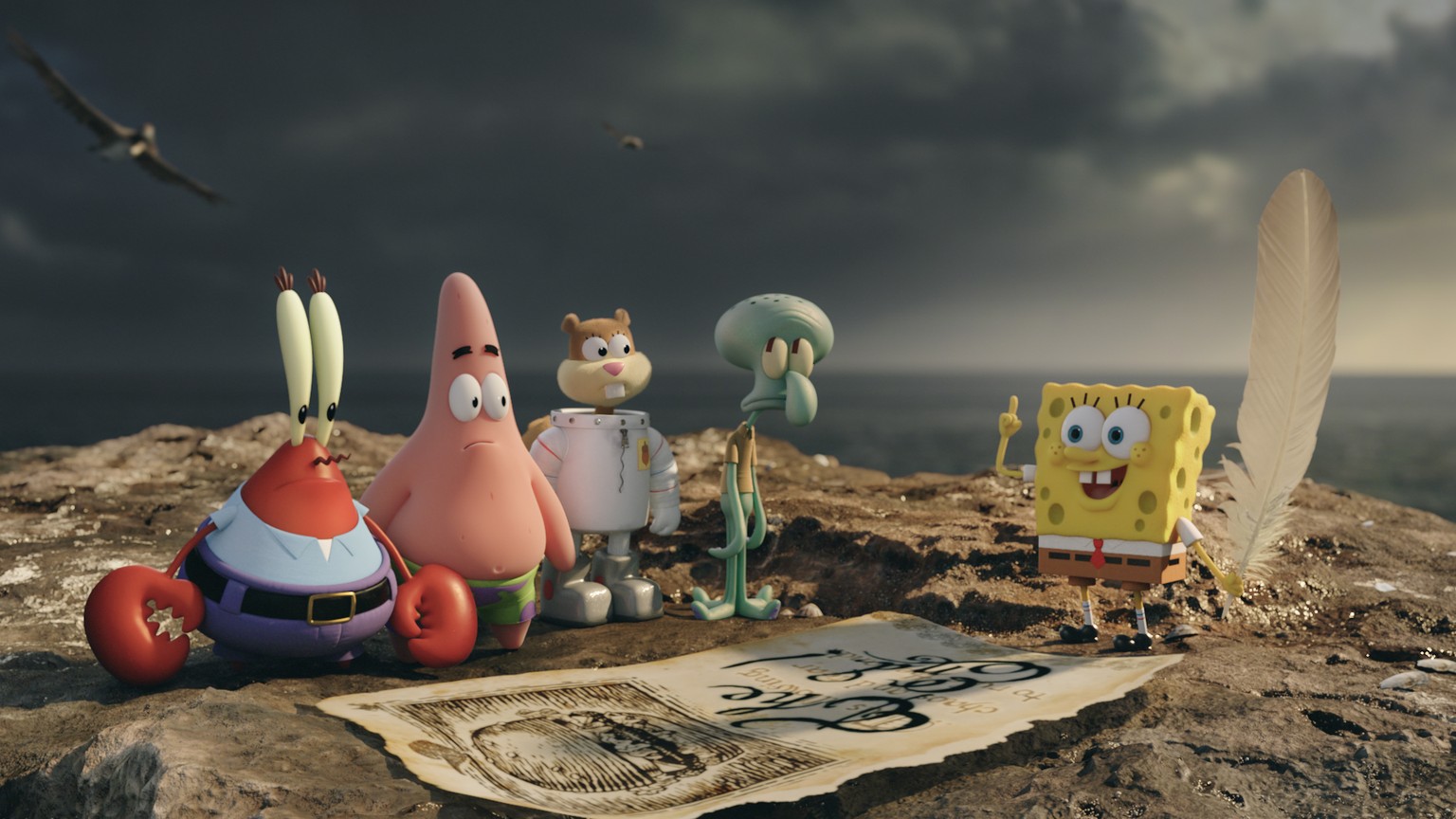 This image released by Paramount Pictures and Nickelodeon Movies shows characters, from left, Mr. Krabs, Patrick Star, Sandy Cheeks, Squidward Tentacles, and SpongeBob SquarePants in a scene from &quo ...