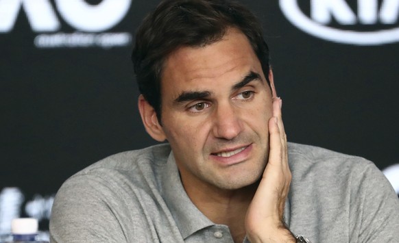 FILE - In this Jan. 30, 2020, file photo, Switzerland&#039;s Roger Federer speaks during a press conference following his semifinal loss to Serbia&#039;s Novak Djokovic at the Australian Open tennis c ...