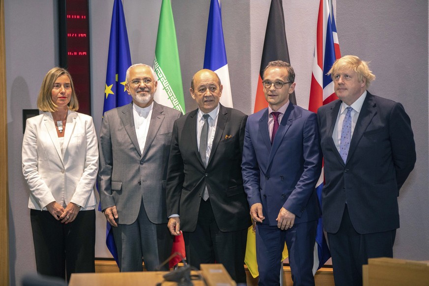 From left, European Union foreign policy chief Federica Mogherini, Iranian Foreign Minister Javad Zarif, French Foreign Minister Jean-Yves Le Drian, German Foreign Minister Heiko Maas and British Fore ...