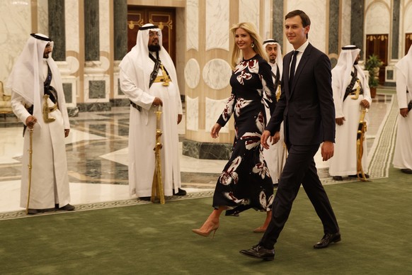 FILE- In this Saturday, May 20, 2017, file photo, White House senior adviser Jared Kushner, right, walks with Ivanka Trump at the Royal Court Palace, in Riyadh, Saudi Arabia. Trump&#039;s son-in-law J ...