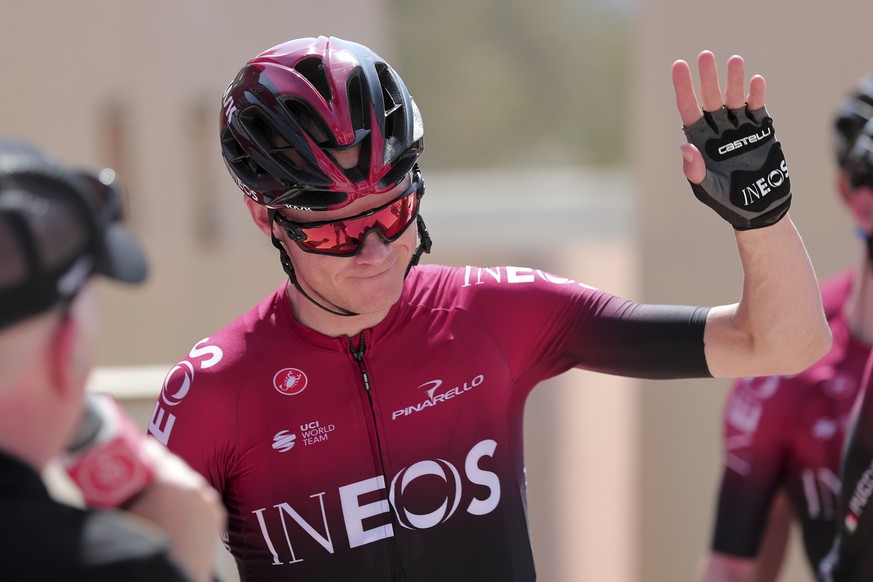 England&#039;s Chris Froome, center of Ineos Team waves before the start of the second stage of the UAE cycling tour in Dubai, United Arab Emirates, Monday, Feb, 24, 2020. (AP Photo/ Mahmoud Khaled)