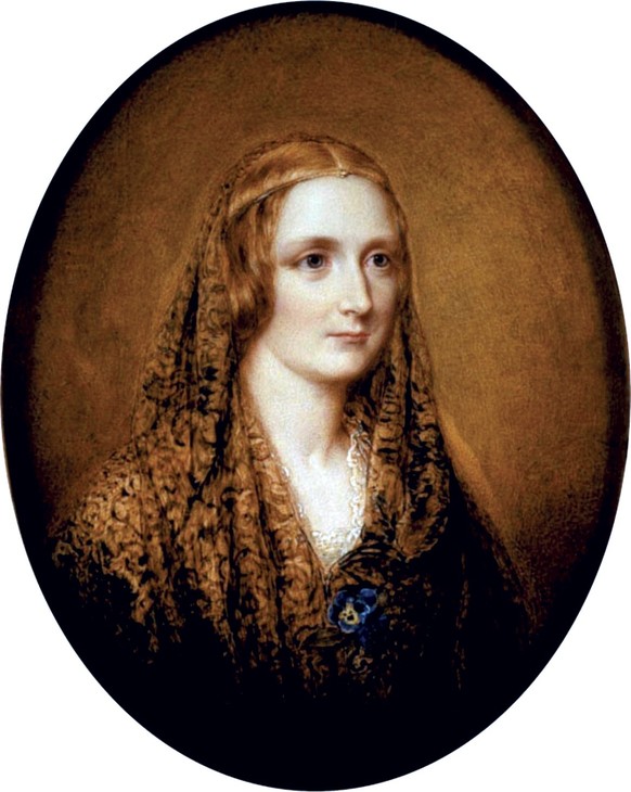 Frankenstein. Reginald Easton&#039;s miniature of Mary Shelley is allegedly drawn from her death mask (c. 1857)