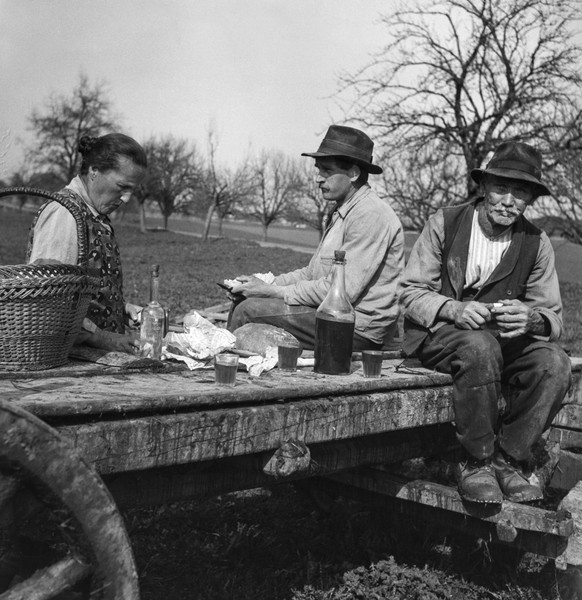 A farmer&#039;s wife brought in a basket food and drinks for the farm workers to the field. Pictured in Switzerland in the 1940s. (KEYSTONE/PHOTOPRESS ARCHIVE/Str)

Eine Bauersfrau hat Landarbeitern i ...