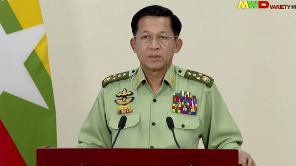 In this image taken from a video aired on Monday, Feb. 8, 2021, Myanmar Commander-in-Chief Senior Gen. Min Aung Hlaing speaks in Naypyitaw, Myanmar. In his first speech to the nation after grabbing po ...