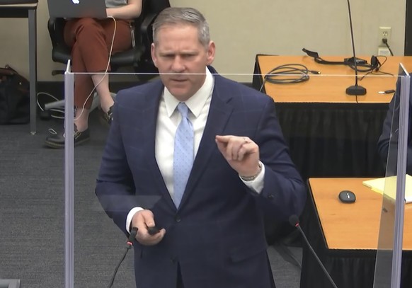 In this image from video, prosecutor Steve Schleicher gives closing arguments as Hennepin County Judge Peter� Cahill presides Monday, April 19, 2021, in the trial of former Minneapolis police Officer  ...