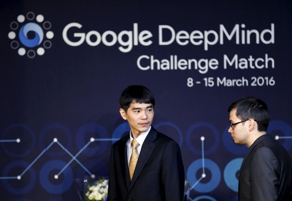 The world’s top Go player Lee Sedol and Demis Hassabis, the CEO of DeepMind Technologies and developer of AlphaGO, arrive at an award ceremony for the Google DeepMind Challenge Match against Google&#0 ...