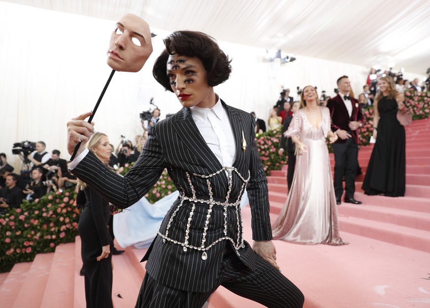 epa07552556 Ezra Miller arrives on the red carpet for the 2019 Met Gala, the annual benefit for the Metropolitan Museum of Art&#039;s Costume Institute, in New York, New York, USA, 06 May 2019. The ev ...