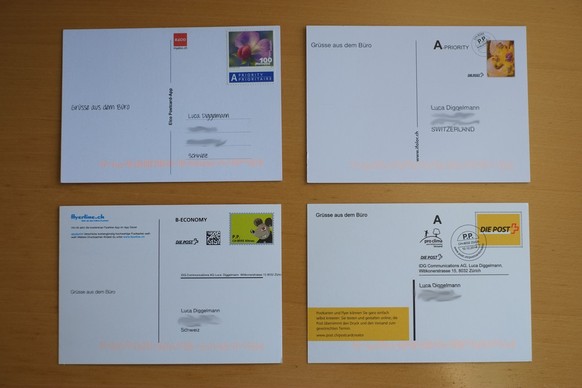 Per Postkarten-App kreierte und verschickte Postkarten. Maschinenschrift und Schweizer Poststempel auf der Rückseite.&nbsp;