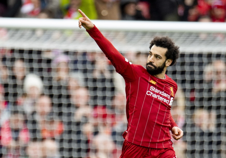 epa08276253 Liverpool&#039;s Mohamed Salah celebrates after scoring during the English Premier League soccer match between Liverpool and Bournemouth at Anfield, Liverpool, Britain, 07 March 2020. EPA/ ...